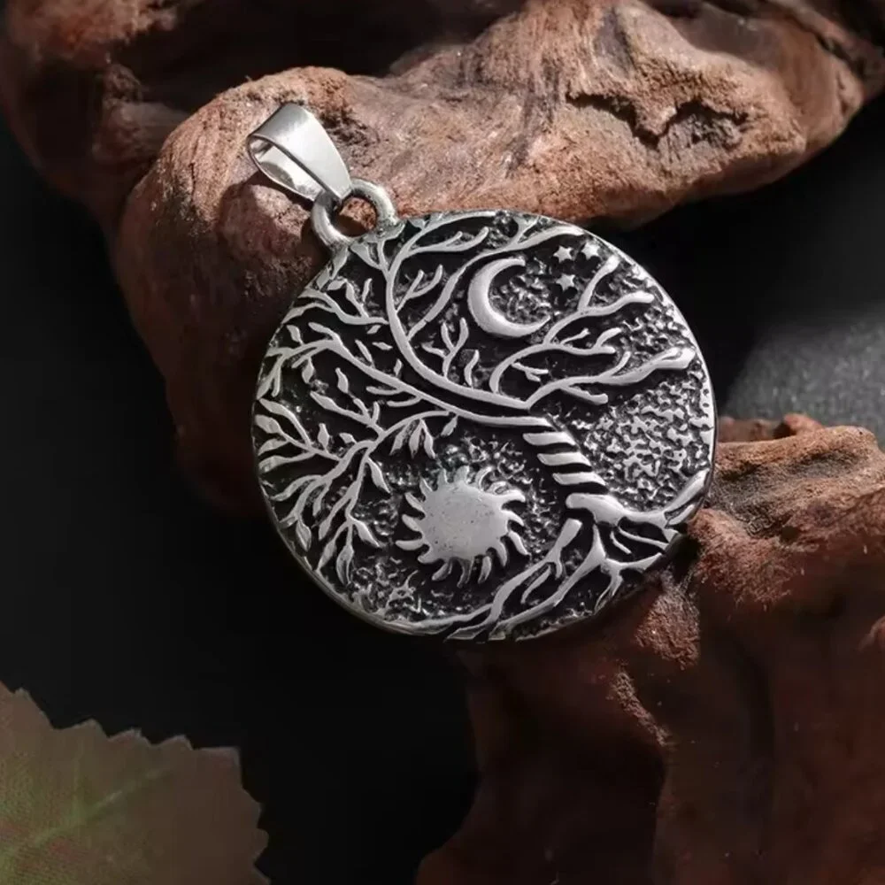 Boho Stainless Steel Tree of Life Pendant Necklace - Sun & Moon Design #1525 - Picture 3 of 5